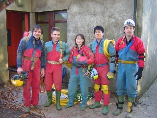 Cavers preparing for a trip to Upper Flood Swallet