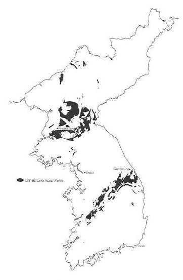 Map of Korea, karst in black