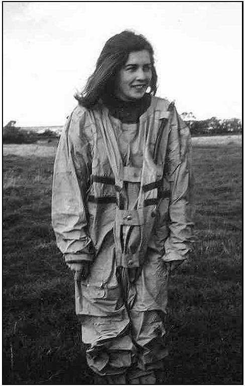 Joan Goddard in goon suit ready for practice rescue in GB, 1966