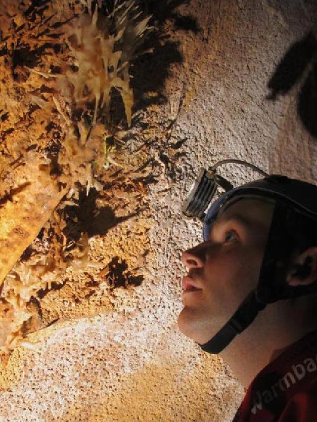 Kev Speight admires helictites, Sima de Cacao