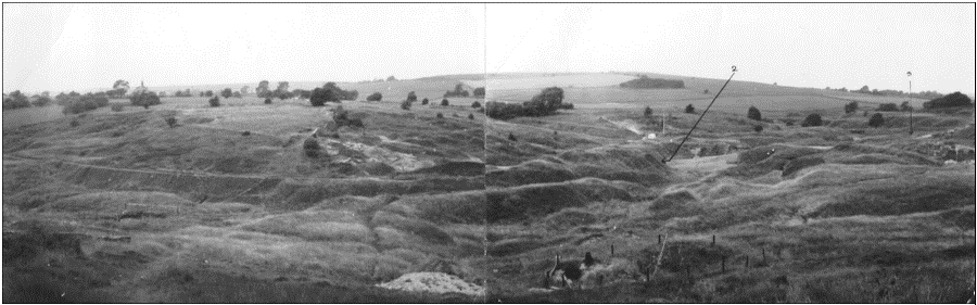 Photo montage 1968 - Blackmoor Valley towards Blagdon Hill. The Blackmoor Shaft spoil heap is visible in the foreground (just left of centre) with the fenced-off shaft to the right. 2 is Waterwheel (note post-flood debris) and 3 is Upper Flood. Photos by R Charnock