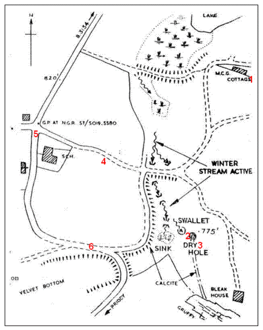 MCG Journal 1962: 1. (Old) MCG Cottage, 2. Blackmoor Swallet, 3. Blackmoor Shaft, 4. Unmade track, 5. Charterhouse crossroad, 6. Charterhouse-Yoxter Road